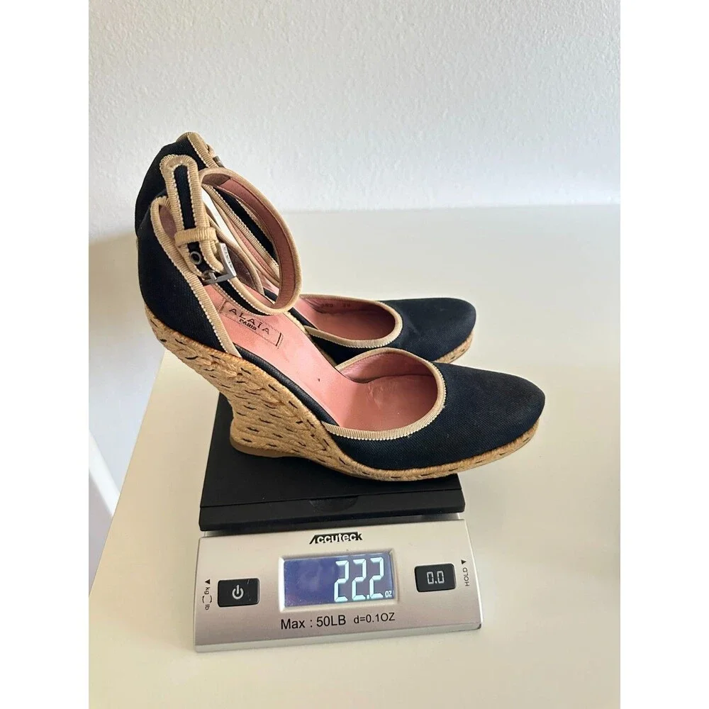 ALAIA Wedge Espadrille Sandals Canvas Almond Toe Ankle Strap Black Women's EU 38